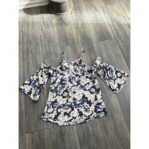 Sim & Sam Ditsy Floral Blue Peasant Pullover Long Sleeve Knee Length Dress Large